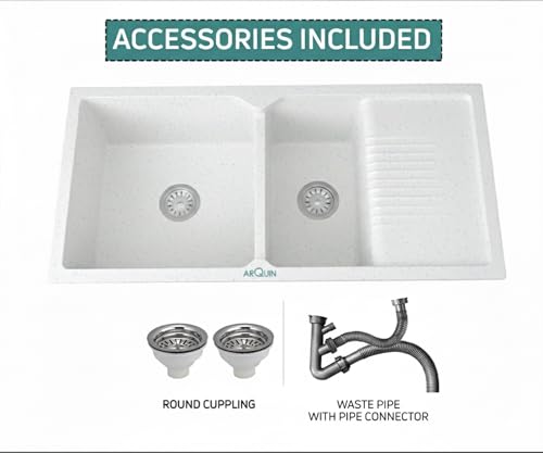 Image of ARQUIN Double Bowl with Drainboard Quartz Kitchen Sink 45x20x9 Inch Sand Pluto | Undermount,Topmount | Including Coupling,Sink Connector,Waste Pipe & Fruit Washing Basket