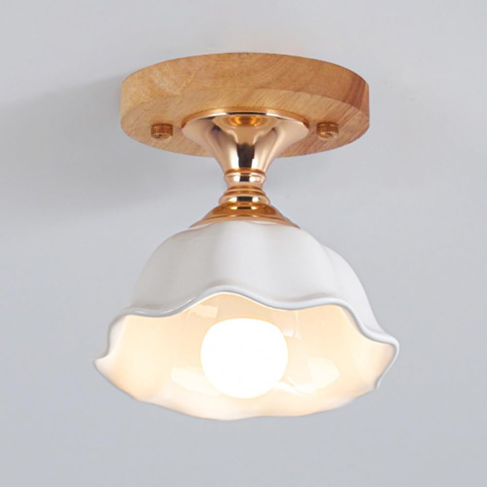 Jadssox Nordic Ceramiczna Lampa Sufitowa Drewniana Plafon Do Montażu Podtynkowego, Drewniana Podstawa Blisko Sufitu Z Białym Ceramicznym Kloszem, Nowoczesne Lampy Sufitowe Do Przedpokoju