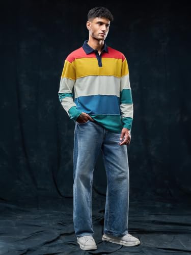 Image of The Souled Store Rugby Polo: Aurora Men and Boys Long Sleeves Polo Neck Multicolor Colour Block Cotton Polyester Oversized Drop Shoulder Comfortable Streetwear Rugby Polos
