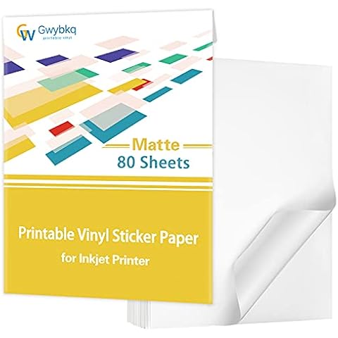 Gwybkq Premium Printable Vinyl Sticker Paper for Inkjet Printer,80 Sheets Matte White Waterproof Decal Paper, 8.5x11 inches,Dries Quickly and Holds Ink Beautifully Cover