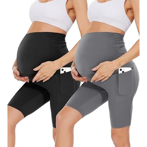HIGHDAYS 2 Pack Maternity Shorts with Pockets Over The Belly, 8" Women's Black Pregnancy Yoga Workout Active Shorts(Black/Gray,S) Cover