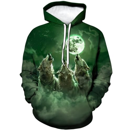 WHNBCW Novelty Wolf Hoodie Funny Animal Graphic Sweatshirts Green M