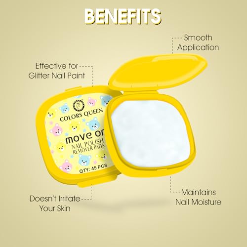 Image of Colors Queen Move On Nail Polish Removers Pads | Easy & Hassle Free Nail Paint Remover Wipes | Keeps Nails Moisturized & Nourished | Alcohol & Aceton Free Nail Polish Remover Wipes (45 Wipes, Yellow)