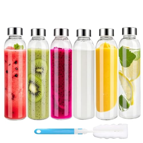 Witeygai 6 Pack 500ML Empty Glass Water Bottles with Lids, Reusable Clear Juice Bottles with Caps, 17.6OZ Smoothie Bottle for Juicing, Milk,Coffee,Hot and Cold Drinks