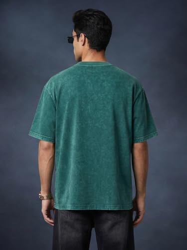Image of Veirdo Heavy GSM Pure Cotton Acid Wash Print Round Neck Half Sleeve Oversized Fit Drop Shoulder T-Shirt for Men (Colors: Black, Navy, Green & Brown)