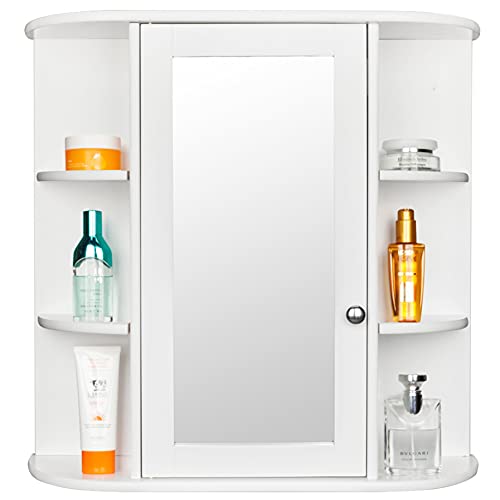 be current Bathroom Medicine Cabinet with Mirror Wall Mounted Storage Organizer Door &Open Shelves for Living Room White
