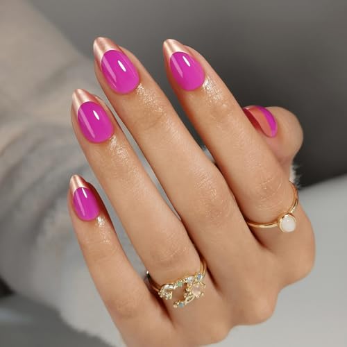 Mystic Purple Press on Nails Almond - GJZEZ Soft Gel Rose Gold Ch...