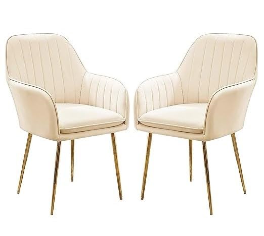 Image of Set of 2 Velvet Dining Chairs, Cushion Seat Chair for Living Room Bedroom Restaurant, Modern Contemporary Upholstered with Polished Rosegold Metal Legs (Off White)