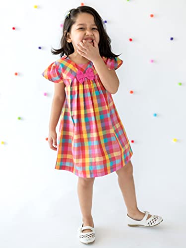 Image of Campana Girls Dress, Suzy with Bow, Rainbow Check Print, Multicolour, Stylish Dress for Girls, Fun & Casual Dress for Kids, Dress for Girls