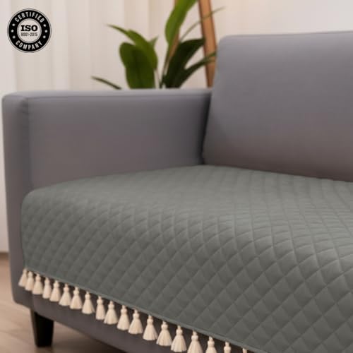 Image of HOMEMONDE 1 Seater Quilted Velvet Sofa Cover with Tassels |Soft, Durable & Premium Fabric with Tassels | Sofa Cover Mats for Living Room, Bedroom, or Drawing Room (76 X 61 CM, Grey)