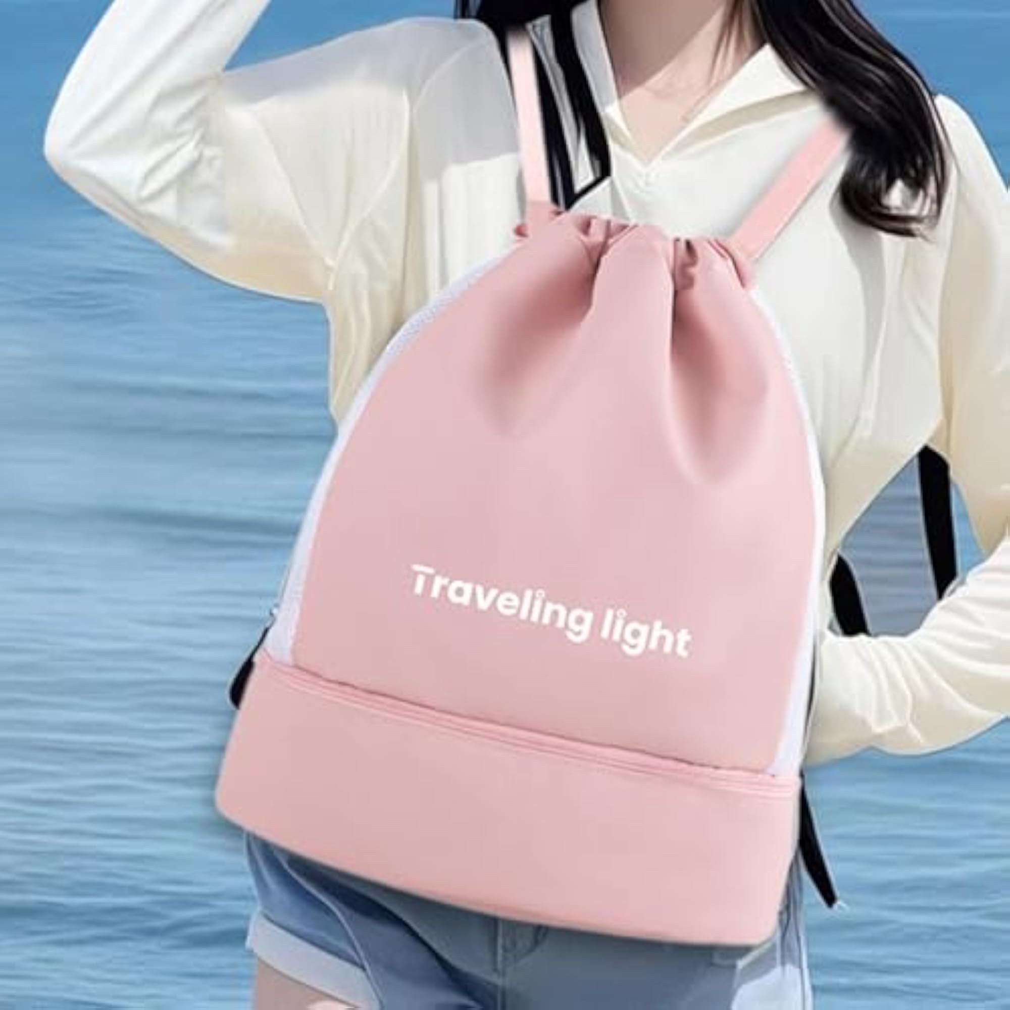 Wide Opening Swimming Bag Drawstring Backpack, Pink
