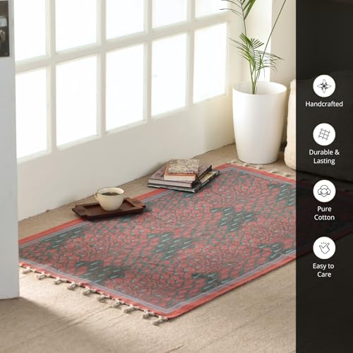 Image of Peepul Tree Handmade Pure Cotton Rug for Living Room | Multipurpose Carpet for Hall, Bed Room and Corridor | Floor Rugs | Sustainable Dhurrie | 3x5ft | Coral, and Teal | Chintz Collection