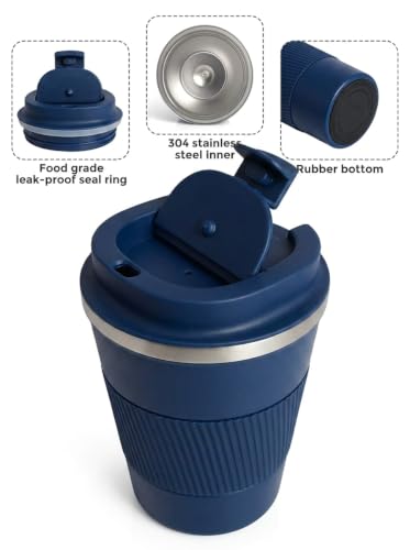 Image of Aeon Travel Mug, Insulated Coffee Cup with Leakproof Lid,Vacuum Insulation Stainless Steel Reusable for Hot Cold Coffee, Non-Slip Protective Cover (Blue)