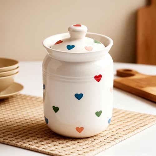 Image of Multi Heart Printed Ceramic Handglazed Pickle Jars Set of 1-1000 ML Each | 1 kg Achaar Martban Barni Jar with Lid | Ceramic Storage Jar Container Pickle, Chatney