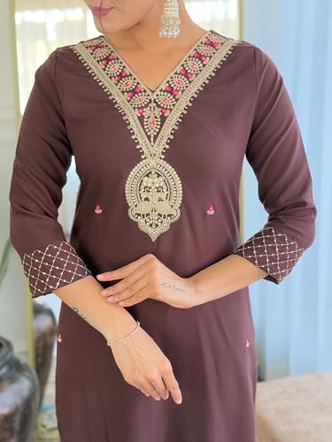 Image of Naixa Women's Rayon Slub Embroidered Straight Kurta with Pant and Dupatta Sets (Available in Plus Size) (NX-675)