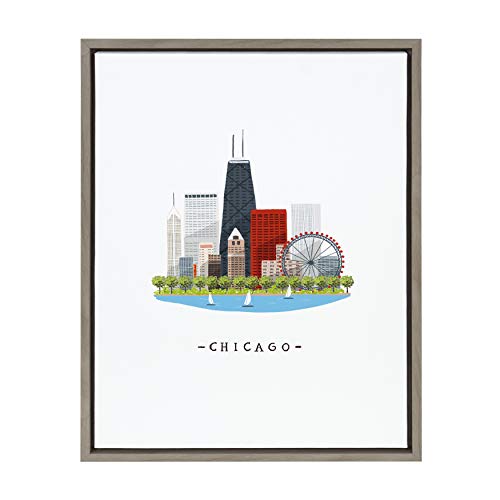 Kate And Laurel Sylvie Chicago Skyline Illustration Framed Canvas Wall Art By Maja Tomljanovic, 18X24 Gray, Bohemian Cityscape Wall Accent #TOP29
