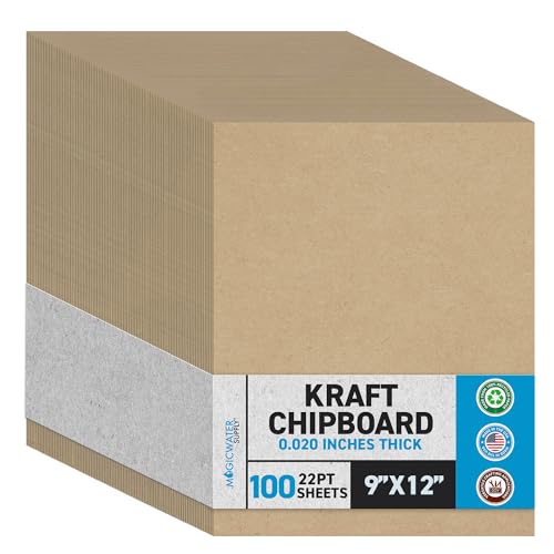 MagicWater Chipboard Sheet for DIY Projects - 9x12 Inch - 100 Pack - 22 pt - Heavy Duty Kraft (0.020 Inch Thick) Paperboard, for Scrapbooking, Books, Picture Frame Backing, Arts Project & Crafts