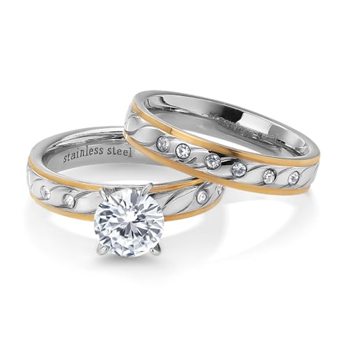 Gem Stone King 2.30 Cttw Two Tones Cubic Zirconia CZ 2 Piece Engagement Wedding Ring and Band Set for Women | Center 7MM | Band Width 1.25MM | Available In Size 6, 7, 8, 92