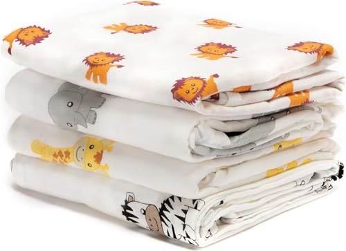 CuddleBug Muslin Baby Swaddle Blankets for Boys and Girls Size Large 4 x 4 Feet – Muslin Cotton 4 Pack (Safari Friends)