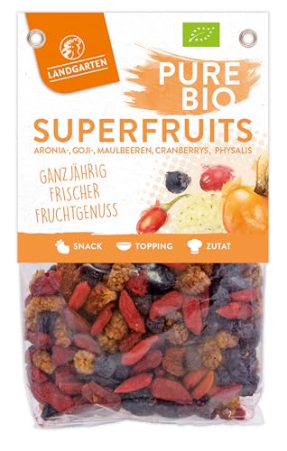 Landgarten Pure Bio Superfruits 8x 120g 100% Bio vegan & glutenfrei bunter Mix aus Gojibeeren Aroniabeeren Cranberries Physalis & Maulbeeren gesunder Premium-Snack und Energie-Kick