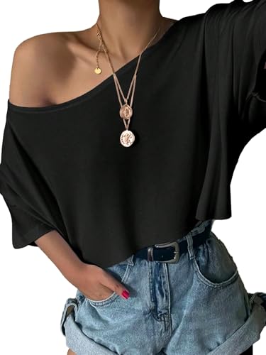 SOFIA'S CHOICE Women's Off Shoulder Crop Tops Loose Boat Neck Short Sleeve T Shirt3