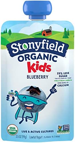 Stonyfield Organic Kids Blueberry Lowfat Yogurt, 3.5 oz. Pouch, Single Serve – Includes Live Active Cultures