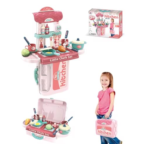 TOYNEST Pretend Play Kitchen Set, 3 in 1 Mini Cooking Toys, Chef Role Toys Pink Colour Occupational Activity Educational Set Fun Present for Kids Children Toddler Indoor Outdoor Gift Present