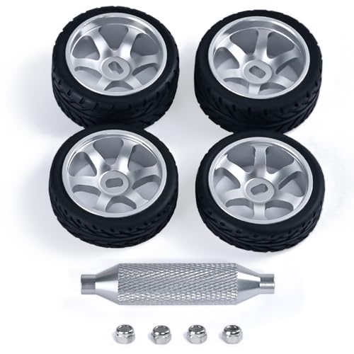 Abendor 6 Spoke Wheel Rims & Rc Car Speed Tires for 1/28 RC Hobby Model Car, [2*N+2*W] 4 Pcs 20mm Aluminum Alloy Rims for Wltoys K969 K989 P929 AWD XRX AMZ WL DRZ GLA BZ (Silver Speed)