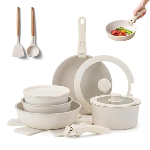 Gourmetific Cookware Set, 5/9/11/15 Piece Nonstick Ceramic Pots and Pans, Non Stick Maifan Sets with Removable Handle, Easily Clean, for All Kitchen Stoves (11-Piece Set)