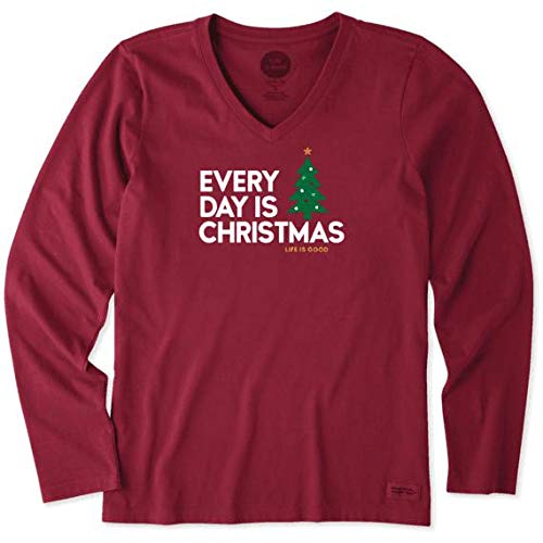 Life is Good Womens Long Sleeve Crusher Holiday Graphic V-Neck T-Shirt, Cranberry Red, Small