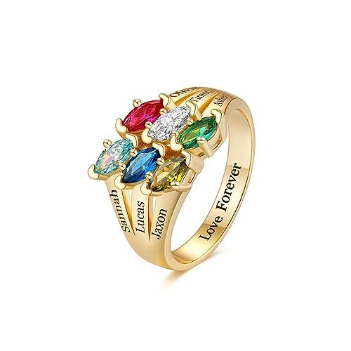 10K 14K 18K Gold Personalized 6 Birthstones Rings for Women Custom Engraved 6 Names Promise Ring Mothers Ring 6 Birthstones
