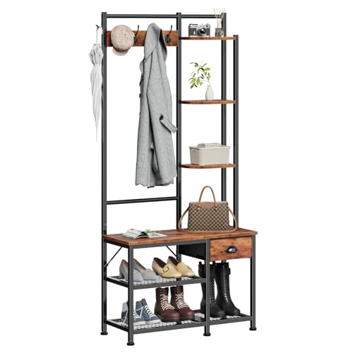 Furologee Coat Rack, Hall Tree with Bench and Shoe Storage, 4 in 1 Entryway Bench, Coat Rack with 3 Shelves and Drawer, Entryway Organizer with 5 Hooks for Hanging, Rustic Brown