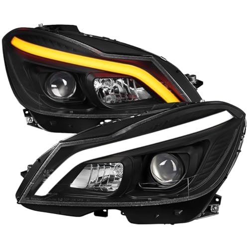 SPEC-D TUNING Black Switchback Sequential LED Tube Projector Headlights Compatible with 2012-2014 Mercedes-Benz W204 C-Class C250 C300 C350 C63, Left + Right Pair Headlamps Assembly