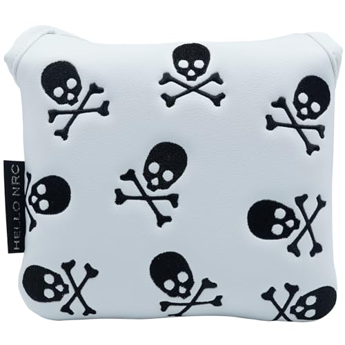 Gbourly Golf Club Skull Square Mallet Putter Cover Magnetic Closure Skeleton PU Leather Headcover,White