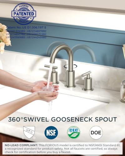 Image of FORIOUS 2 Pack Brushed Nickel Bathroom Faucet 3 Hole with Pop Up Drain and 24 inch Supply Hose, 2 Handle 8 in Widespread 3 Hole Vanity Faucet for Bathroom Sink Brush Nickel with 360 Swivel Spout