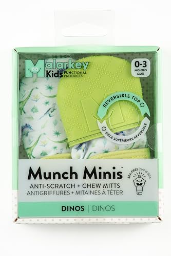 Malarkey Kids Dinosaur Paw Teething Mitt - Pack of 2 Soothing Infant Mitten Pain Relief Prevent Scratches, Safe Silicone Teething Toys, 0-3 Months