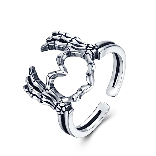 Bague punk en argent 925 avec motif crâne et geste d'amour