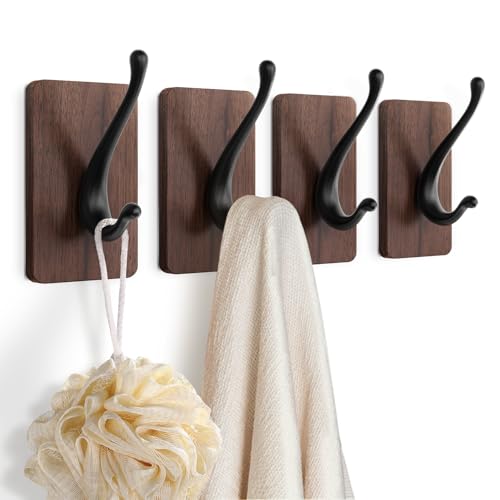 JCHOUS Towel Hooks, Adhesive Wall Hooks for Hanging, 2 Packs Wood Towel Hooks for Bathroom, RV, Kitchen, Closets, etc (Walnut - Black, 4 Pack)