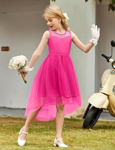 Image of Arshiner Girls Dresses Formal Party Wedding Tulle Sleeveless Contrast Mesh High Low Dress with Belt