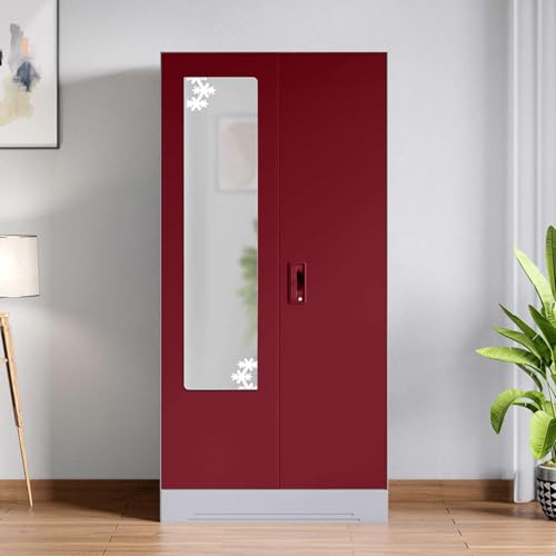 Image of Interio by Godrej Almirah Slimline 2-Door Steel Almirah, Cupboard for Clothes (Textured Caremine Red), 1-Year Warranty, 4 Shelves, 1 Drawer, 1 Locker, Star Design Mirror