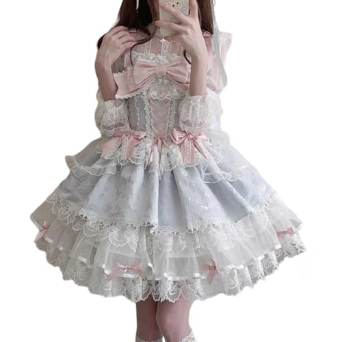 Cuteighteen Robe de princesse Lolita sans manches pour adolescentes, style kawaii, en dentelle, à volants, style victorien, élégant, bleu, Taille S