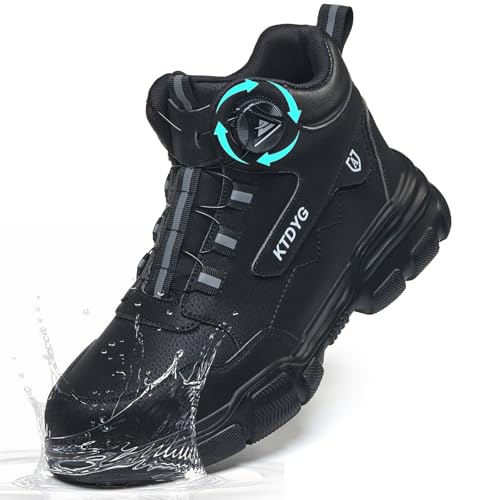 KTDYG Sicherheitsstiefel Herren Damen Wasserdicht Arbeitsschuhe Leicht Sportlich Sicherheitsschuhe rutschfest Hoch Stahlkappenschuhe mit Drehverschluss, Schwarz, 46EU