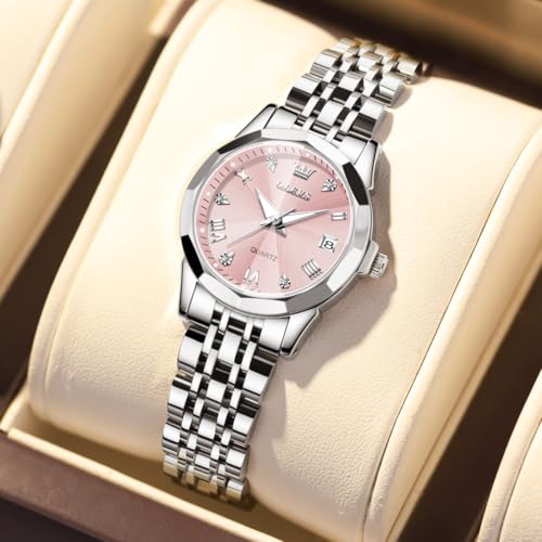 Image of OLEVS Watches Women with Date Silver Stainless Steel Luxury Ladies Watches with Small Writs Diamond Watches for Women Waterproof Elegant Dress Quartz Analog Women's Wrist Watches Reloj de Mujer