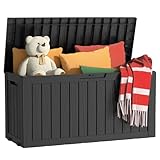 EasyUp 75 Gallon Outdoor Storage Box, Resin Waterproof UV-Resistant Deck Box, Reinforced Stability for Patio, Garden, and Poolside, Striped Black