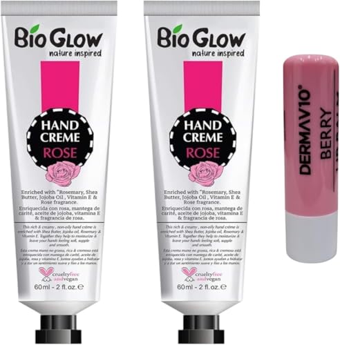 Nature Inspired Bio glow Rose with Rosemary Hand Cream,Cruelty Free & vegan mini Travel size 2X 60ML With Free Berry Lip Balm