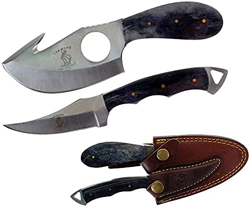 Bone Collector Hunting Knife Two Piece Set, 7" Straight Edge and 7" Gut Hook Blades Black Bone Full Tang Skinner (Black Bone)
