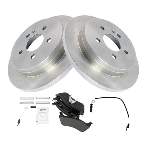 Image of TRQ Rear Brake Pad and Rotor Set Ceramic Solid Rotors Wear Sensor | For 1999-2003 Mercedes-Benz ML320 2003-2005 ML350 1999 ML430