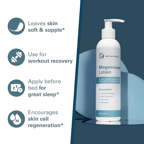 M3 Naturals Unscented Magnesium Lotion for Sleep & Leg Cramps, Suitable for Sensitive Skin, Helps with Muscle Relaxation, Soothes Tired Legs & Foot Aches and Supports Restful Nights, 8 fl oz