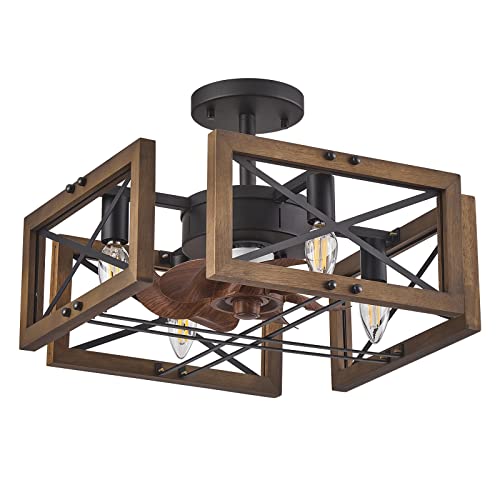 DUJAHMLAND Farmhouse Flush Mount Ceiling Fan with Light, Remote Control , 20 Inch Industry Wood Low Profile for Bedroom Living Room Kitchen (Antique Wood 4-Light) - Image 4