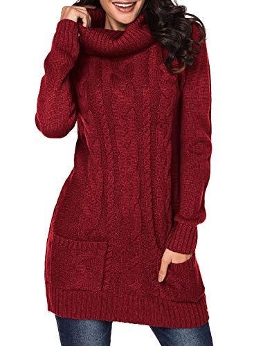 BLENCOT Women's Red Sweaters Turtleneck Long Sleeve Chunky Cable Knit Pullover Long Tunics Sweaters Jumper Large